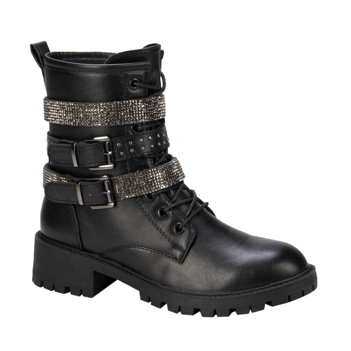 Par de botas militares para mujer marca Belinda Peregrin, con correas y detalles metálicos, mod. 993507
