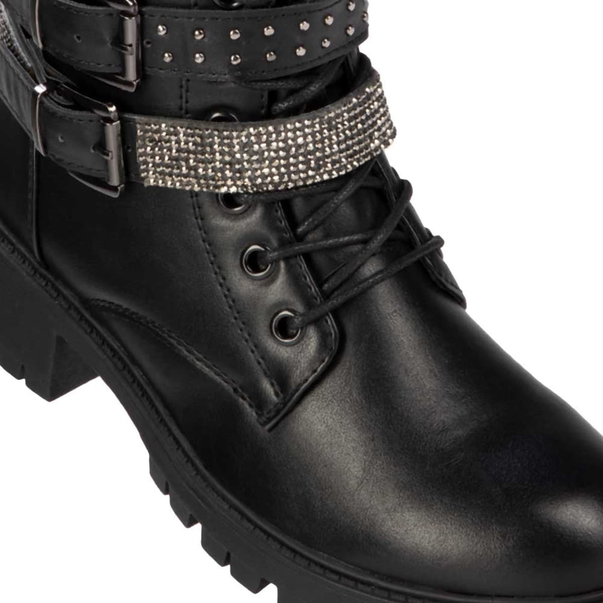 Par de botas militares para mujer marca Belinda Peregrin, con correas y detalles metálicos, mod. 993507