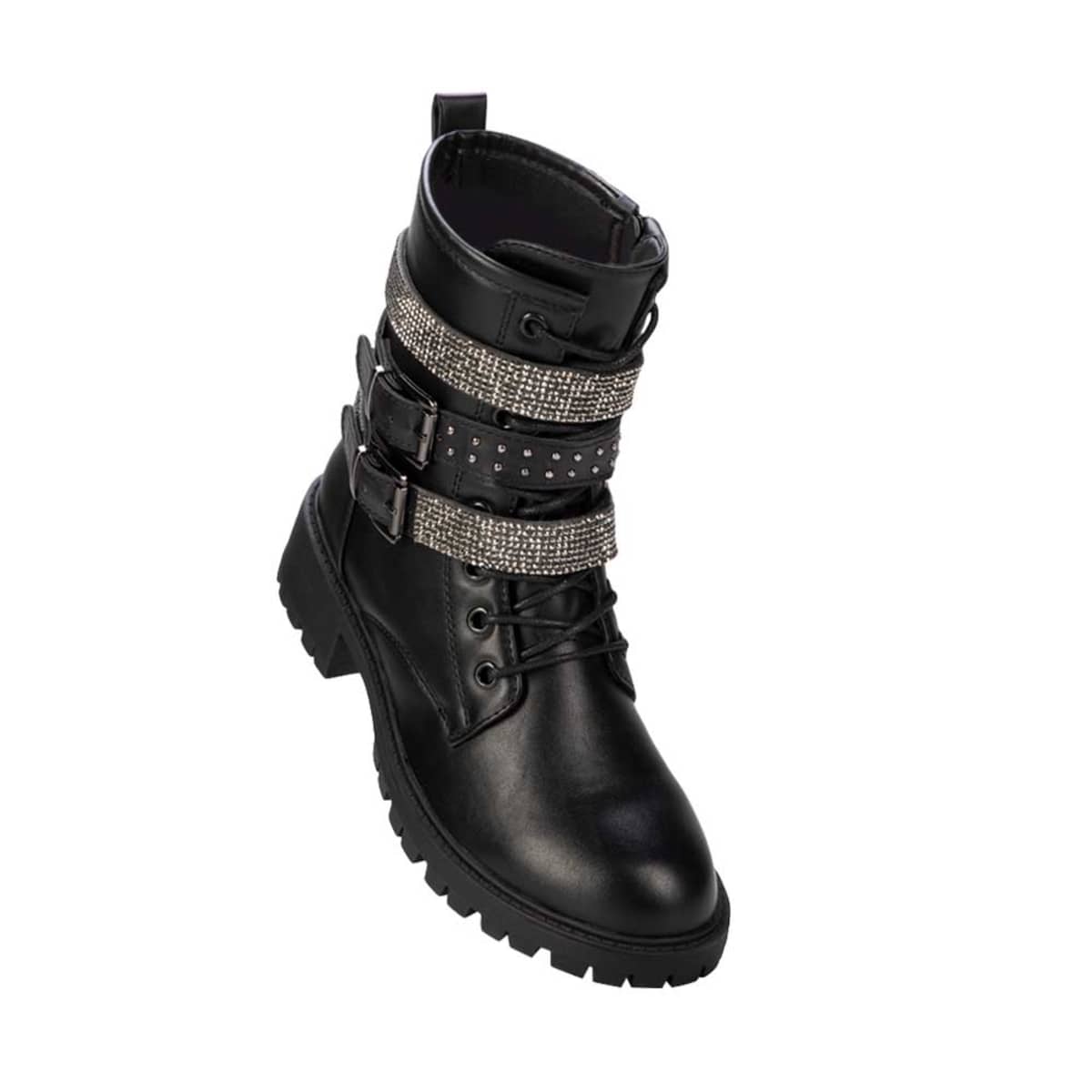 Par de botas militares para mujer marca Belinda Peregrin, con correas y detalles metálicos, mod. 993507