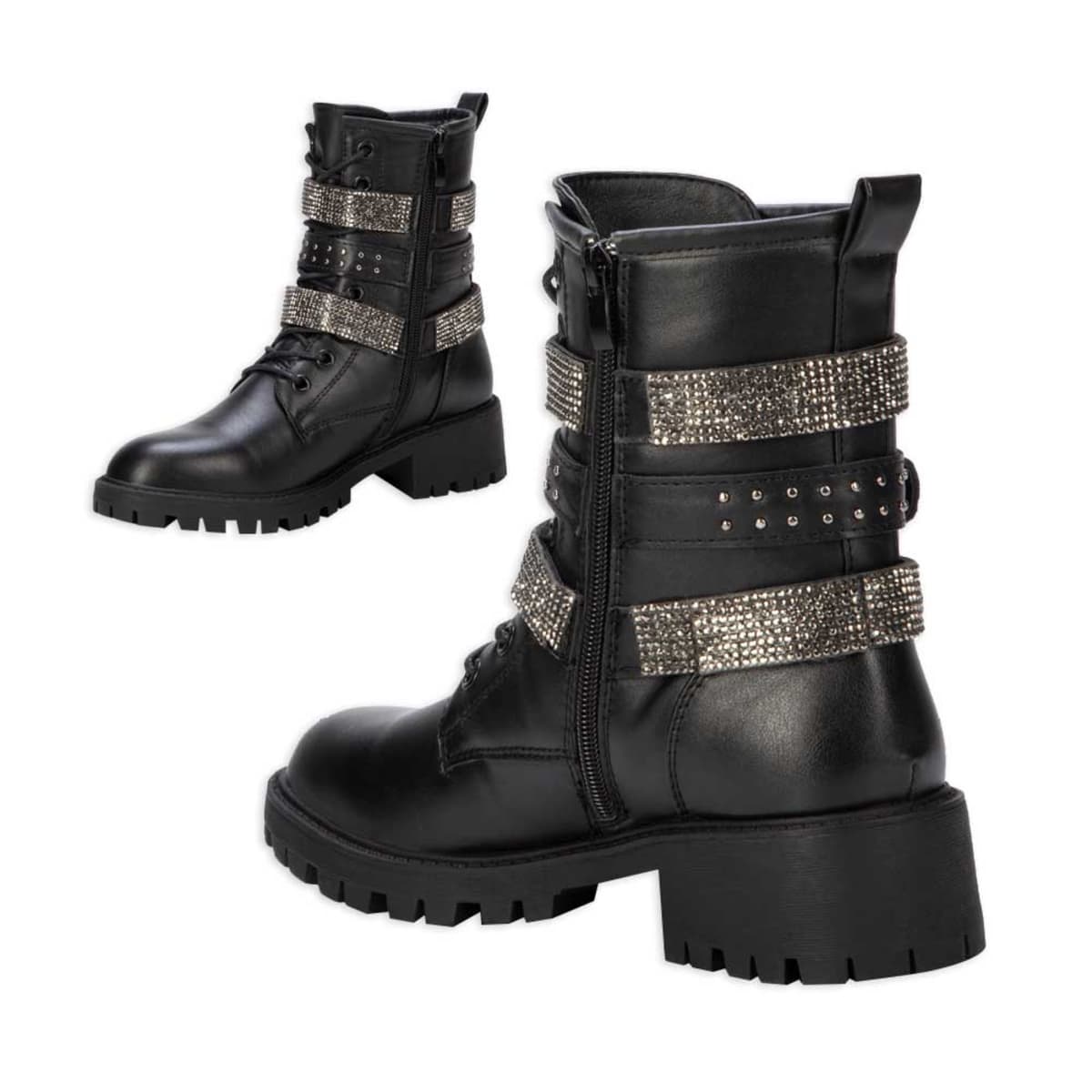 Par de botas militares para mujer marca Belinda Peregrin, con correas y detalles metálicos, mod. 993507
