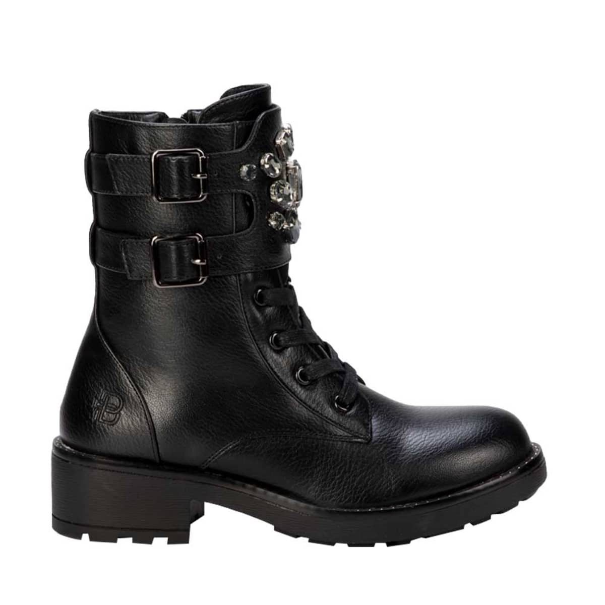 Par de botas militares para mujer marca Belinda Peregrin, con correas y detalles metálicos, mod. 993508