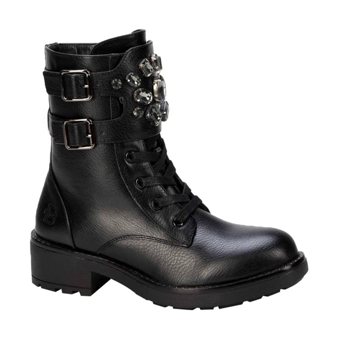 Par de botas militares para mujer marca Belinda Peregrin, con correas y detalles metálicos, mod. 993508