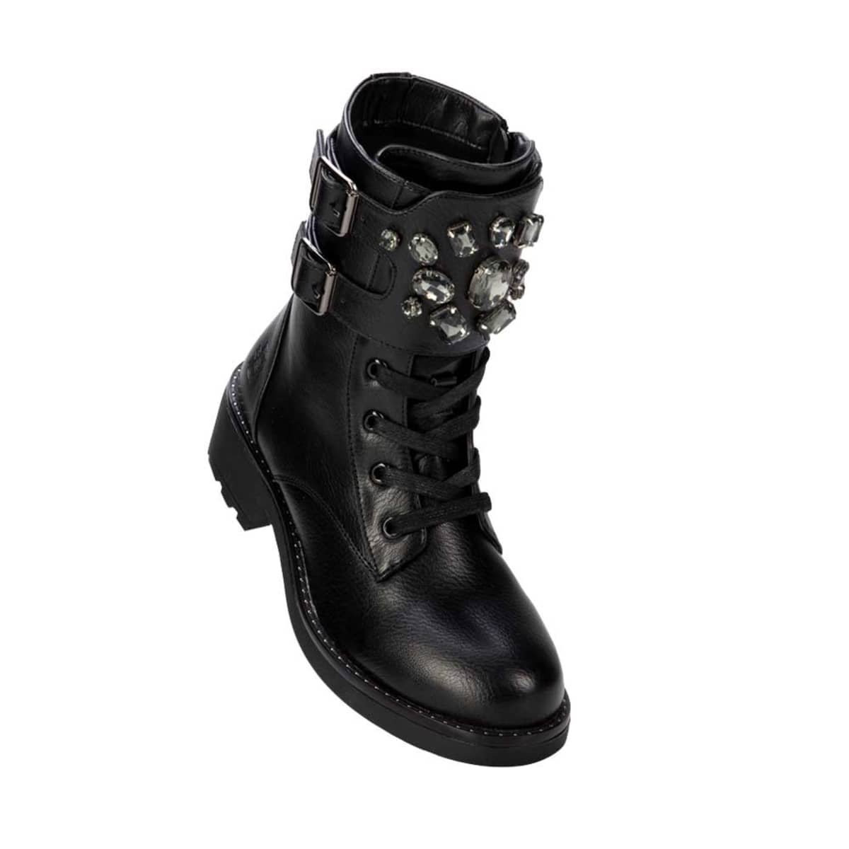 Par de botas militares para mujer marca Belinda Peregrin, con correas y detalles metálicos, mod. 993508