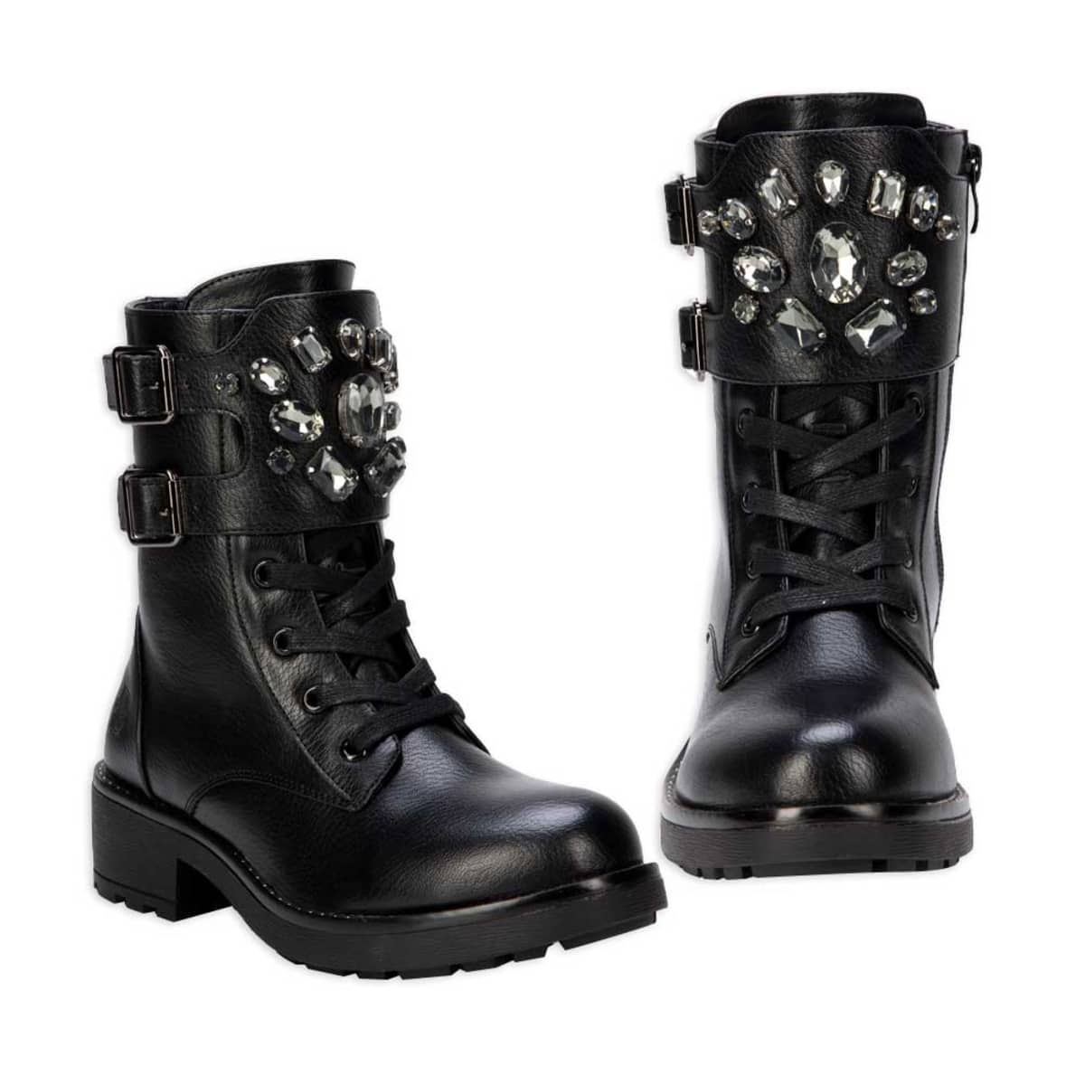 Par de botas militares para mujer marca Belinda Peregrin, con correas y detalles metálicos, mod. 993508