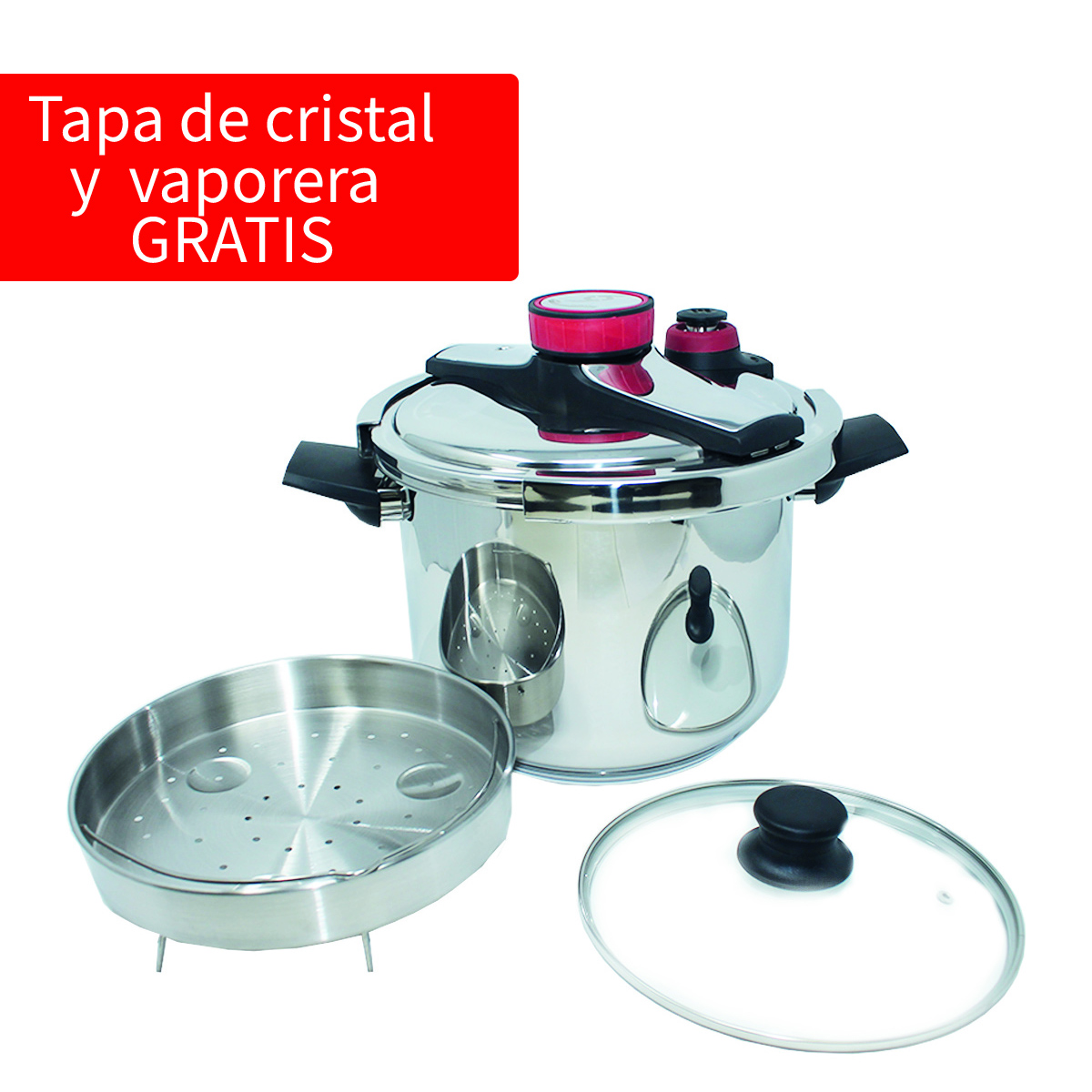 Olla de presión de acero inox. de 8 litros c/ tapa de cristal (CANGREJO)