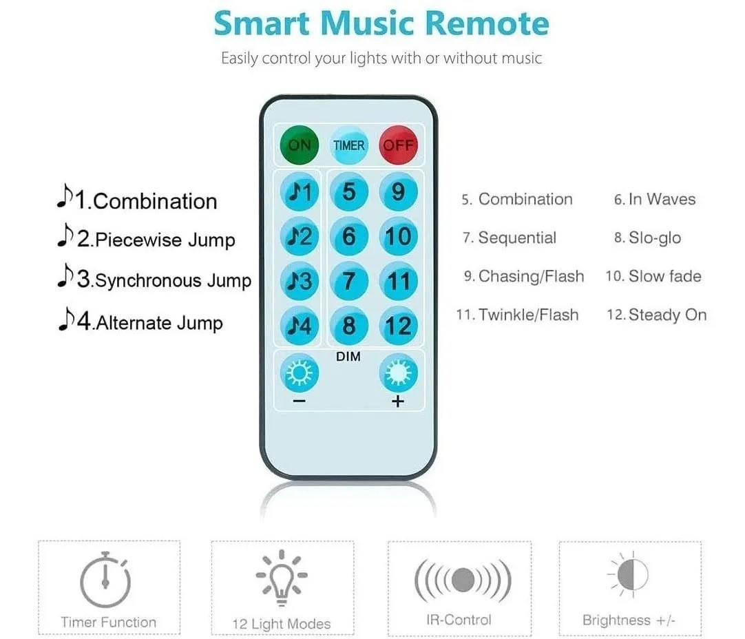 LUCES DECORATIVAS CONTROL REMOTO TIRA LED 10M SYNC CON MÚSIC