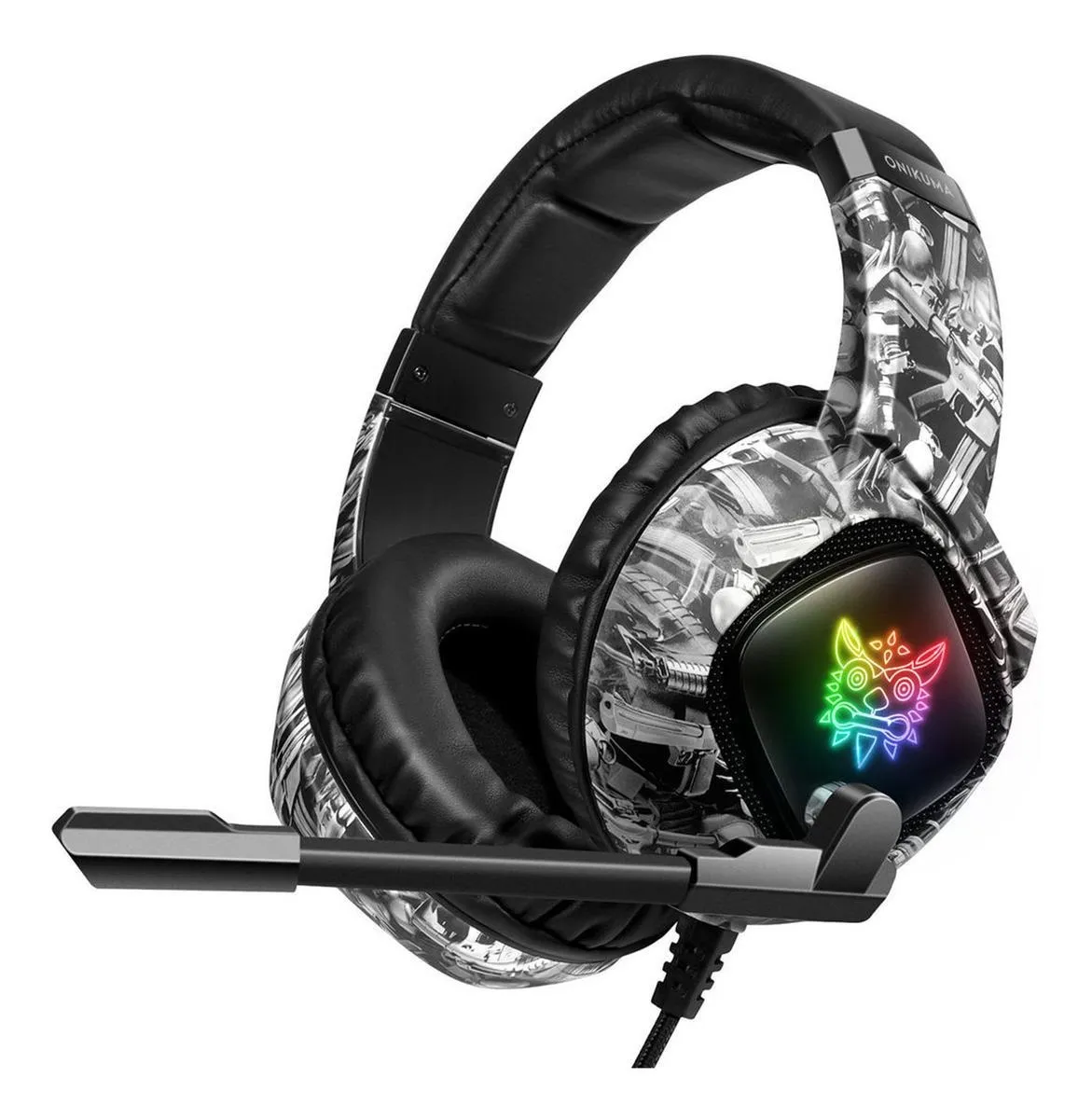 Audífonos gamer Onikuma K19 camuflaje gris con luz rgb LED Gris