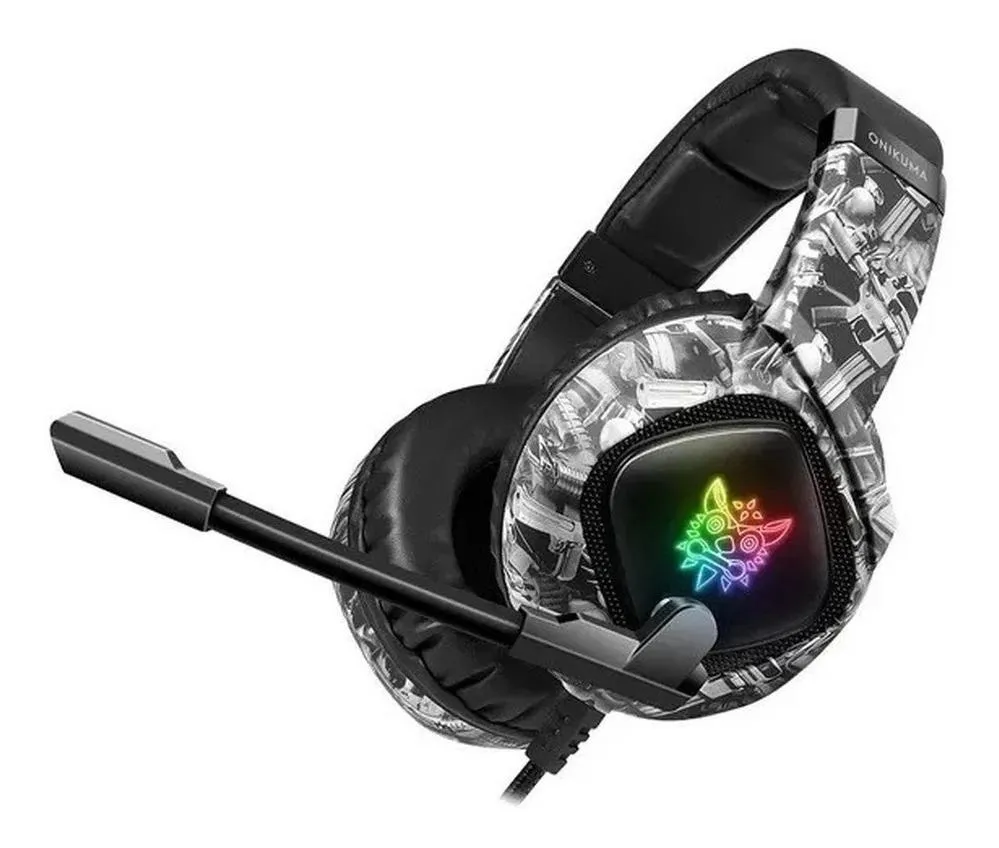 Audífonos gamer Onikuma K19 camuflaje gris con luz rgb LED Gris