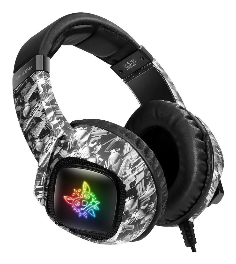 Audífonos gamer Onikuma K19 camuflaje gris con luz rgb LED Gris