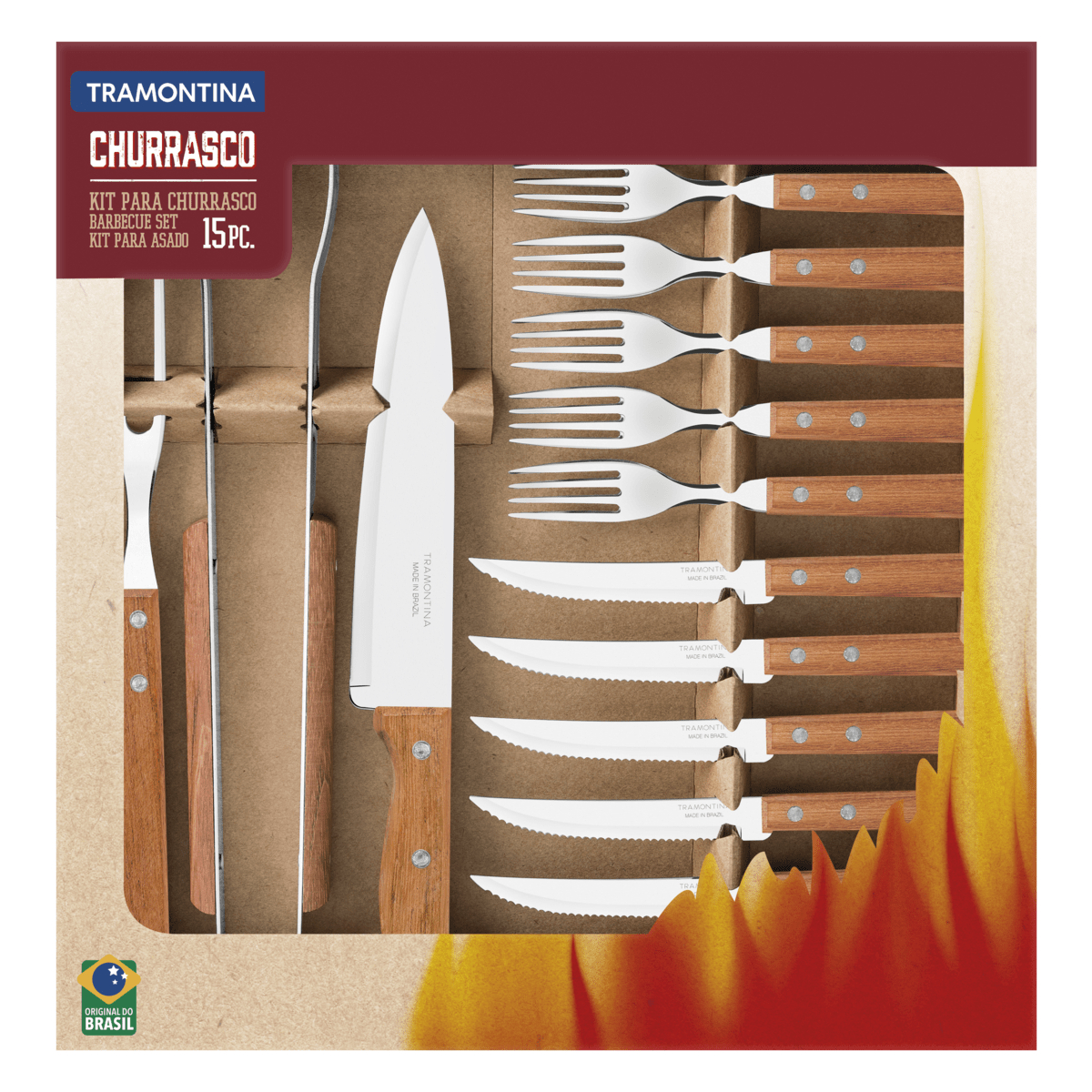 Kit para asado Tramontina 22399/028 de acero inoxidable con mango de madera natural 15 piezas END1D