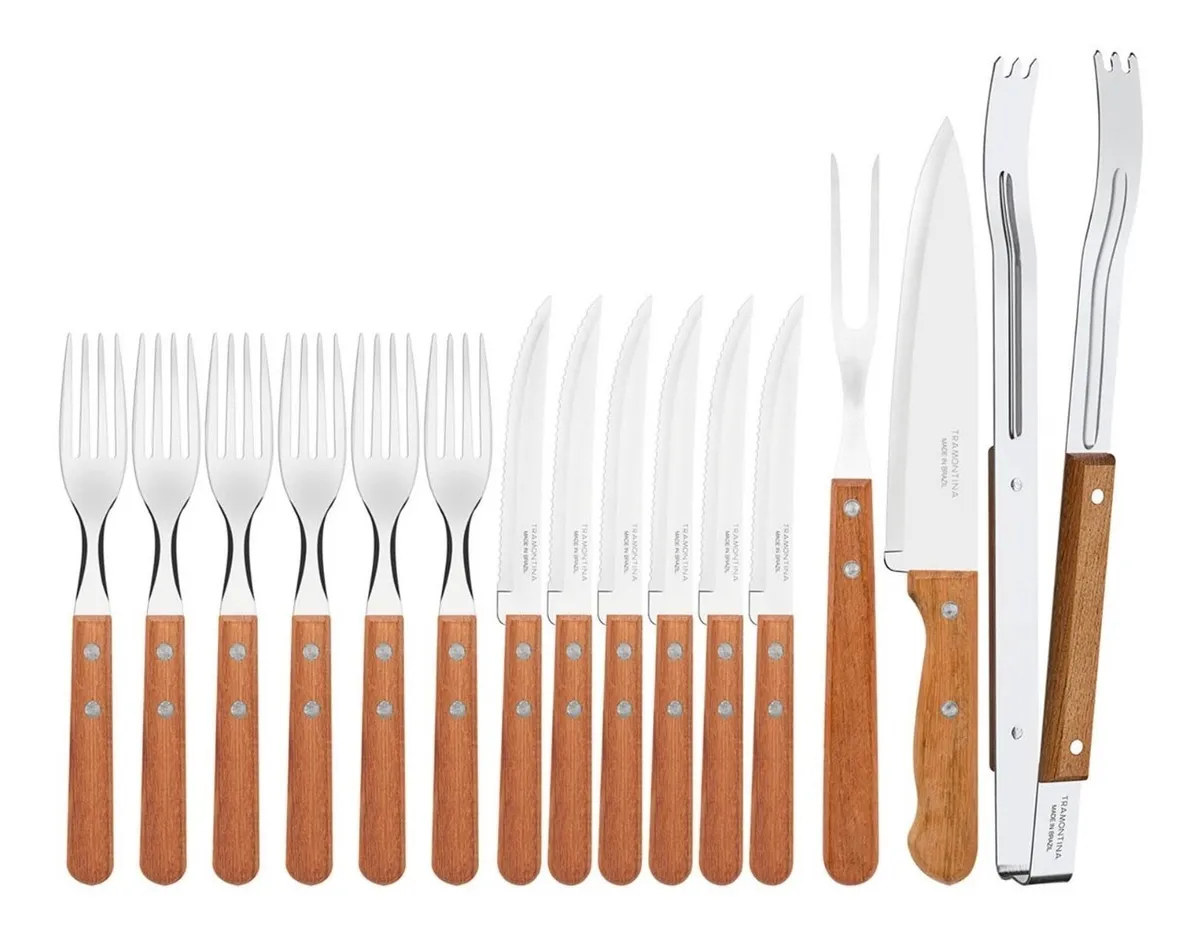 Kit para asado Tramontina 22399/028 de acero inoxidable con mango de madera natural 15 piezas END1D