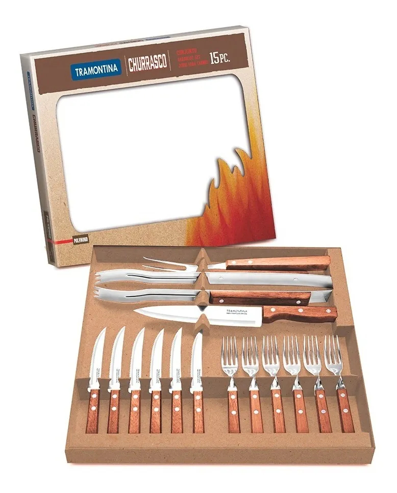 Kit para asado Tramontina 22399/028 de acero inoxidable con mango de madera natural 15 piezas END1D