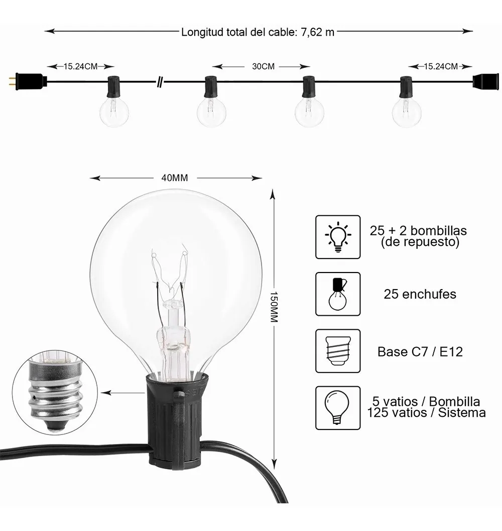 Guirnalda De Luces 7.62 Metros 25 Focos G40 Impermeable