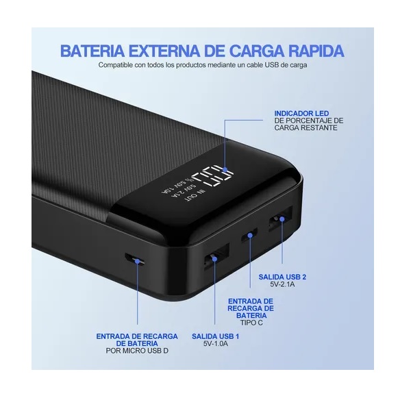 Power Bank 20000mah Carga Rápida Pila Cargador Portátil Lcd
