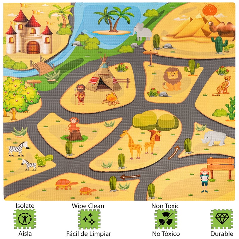 Tapete para Bebé Diseño Safari IDEAL para Tummy Time | Piso Infantil de Juego | Tapetes de Espuma 90x90 cms