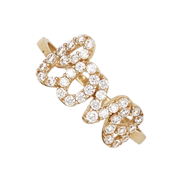 Anillo con Diseño de Letras Cursivas "LOVE" con Circonias incrustadas en las Letras en Oro Amarillo de 14 K + Obsequio