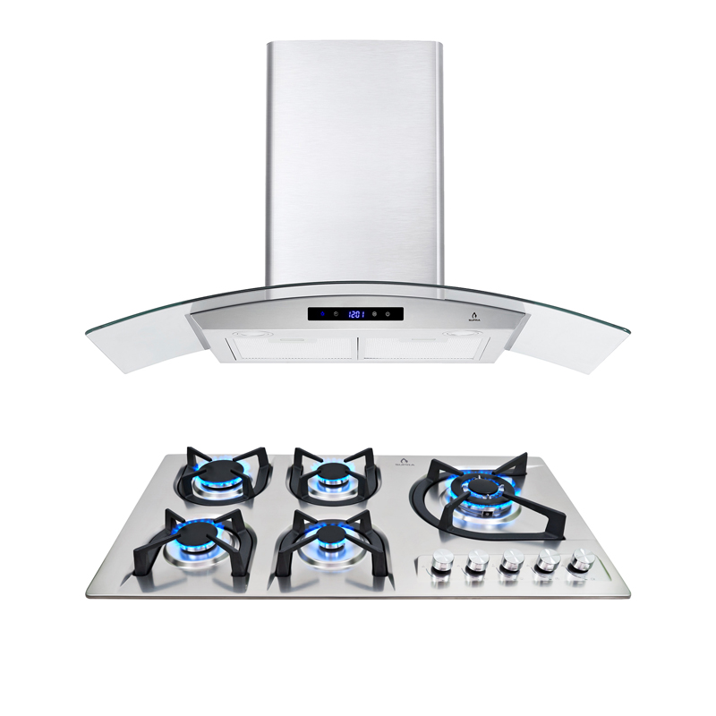 Combo parrilla empotrable a gas de 5 quemadores y campana extractora de pared de 90 cm SUPRA ALGUER ambas en acero inoxidable.