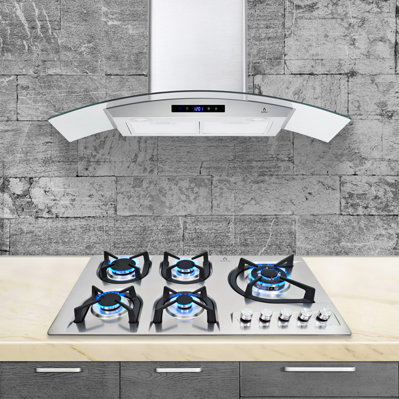 Combo parrilla empotrable a gas de 5 quemadores y campana extractora de pared de 90 cm SUPRA ALGUER ambas en acero inoxidable.