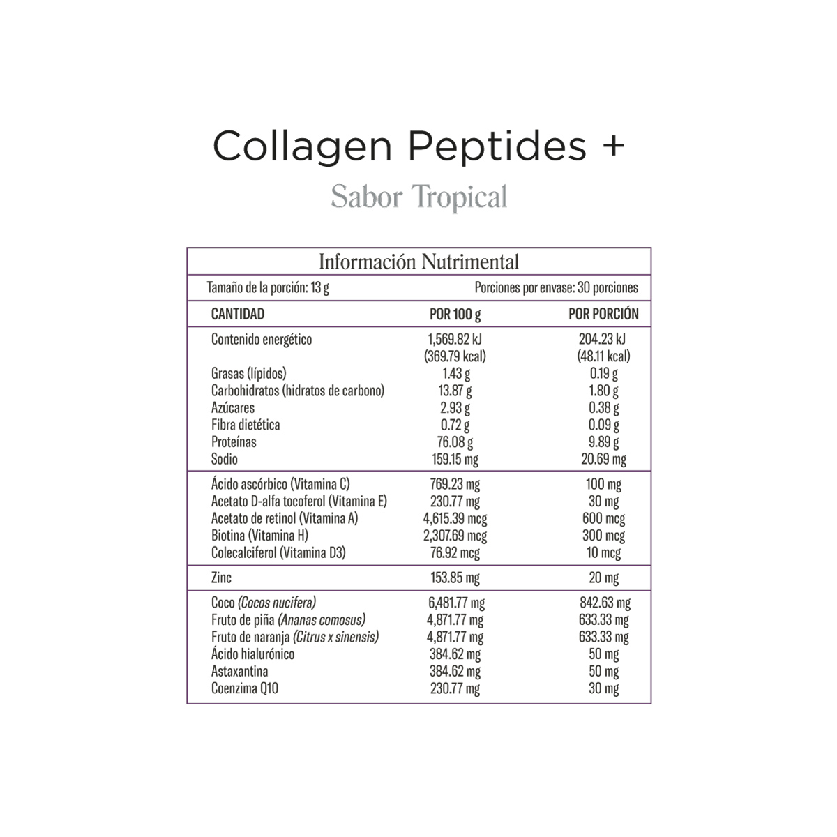 COLLAGEN PEPTIDES + SABOR TROPICAL  | Colágeno 30 porciones de 11g | 330g | Colágeno Verisol | Ácido Hialurónico | Fuente de antioxidantes