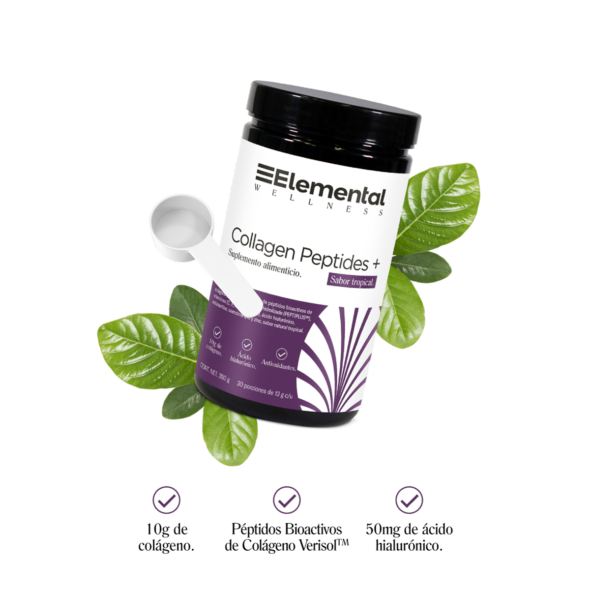 COLLAGEN PEPTIDES + SABOR TROPICAL  | Colágeno 30 porciones de 11g | 330g | Colágeno Verisol | Ácido Hialurónico | Fuente de antioxidantes