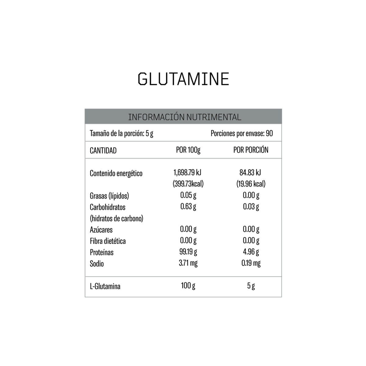 GLUTAMINE | Glutamina 90 porciones de 5g | 450g | 100% glutamina | Sin saborizantes | Sin excipientes