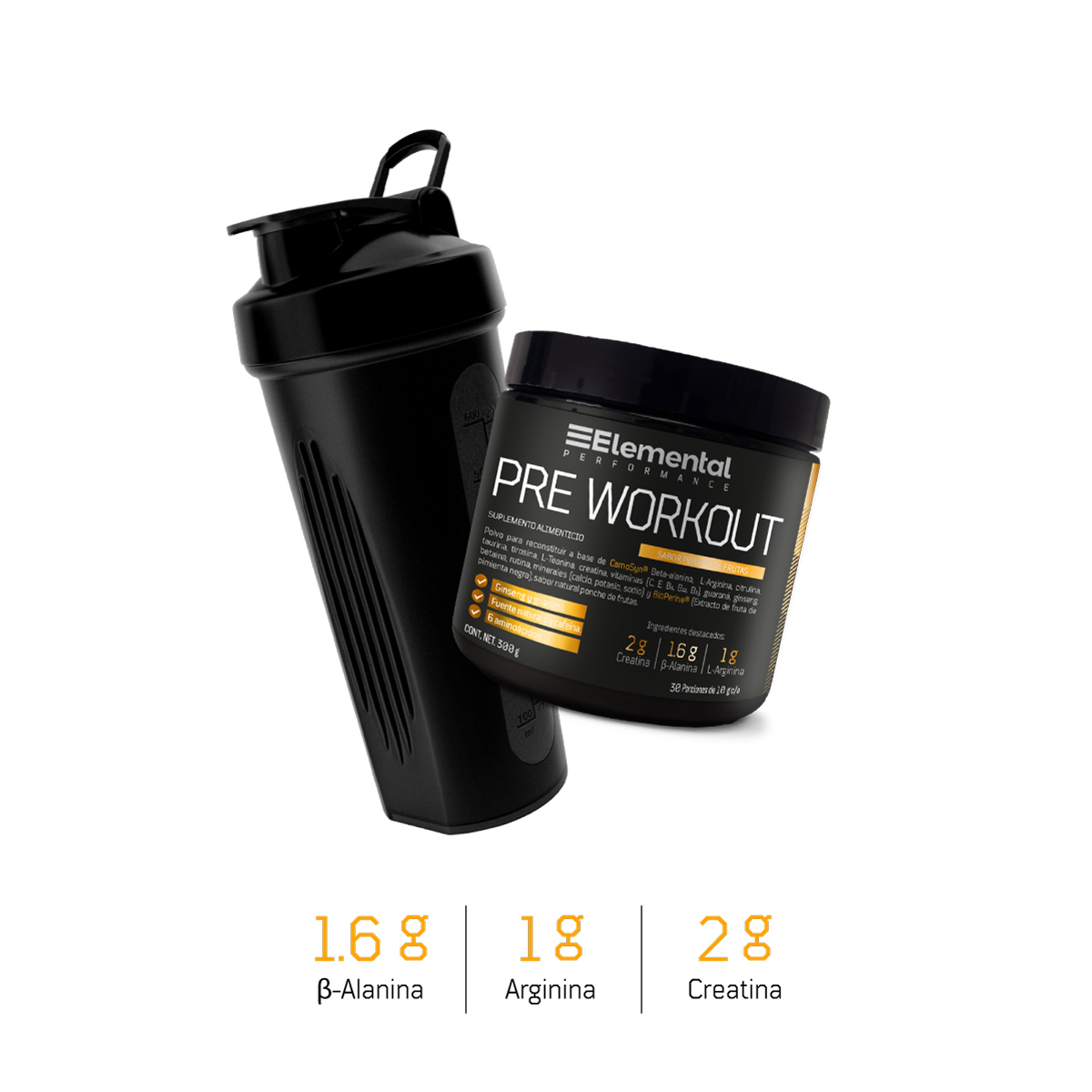 PRE-WORKOUT | Pre Entreno 30 porciones de 10g c/u | 300g | L-Arginina, Carnosyn, Creatina y Citrulina | Fuente natural de cafeína | 6 aminoácidos