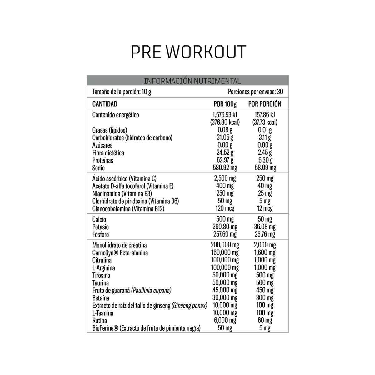 PRE-WORKOUT | Pre Entreno 30 porciones de 10g c/u | 300g | L-Arginina, Carnosyn, Creatina y Citrulina | Fuente natural de cafeína | 6 aminoácidos
