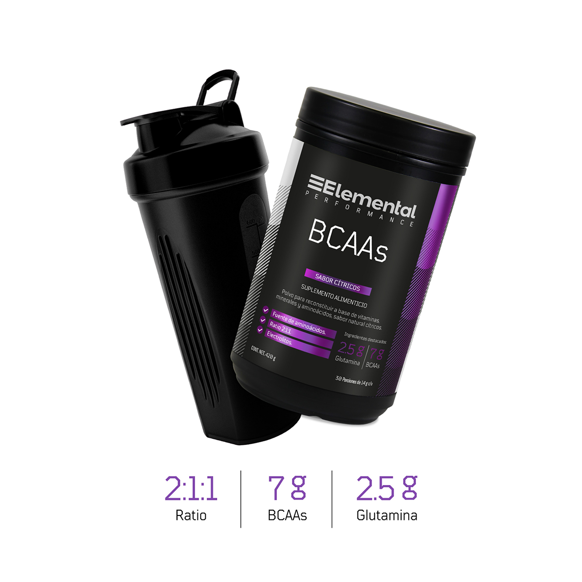 BCAAS | 30 porciones de 14g c/u | 420g | Fuente de aminoácidos | Ratio 2:1:1. | Electrolitos | Sabor natural cítricos