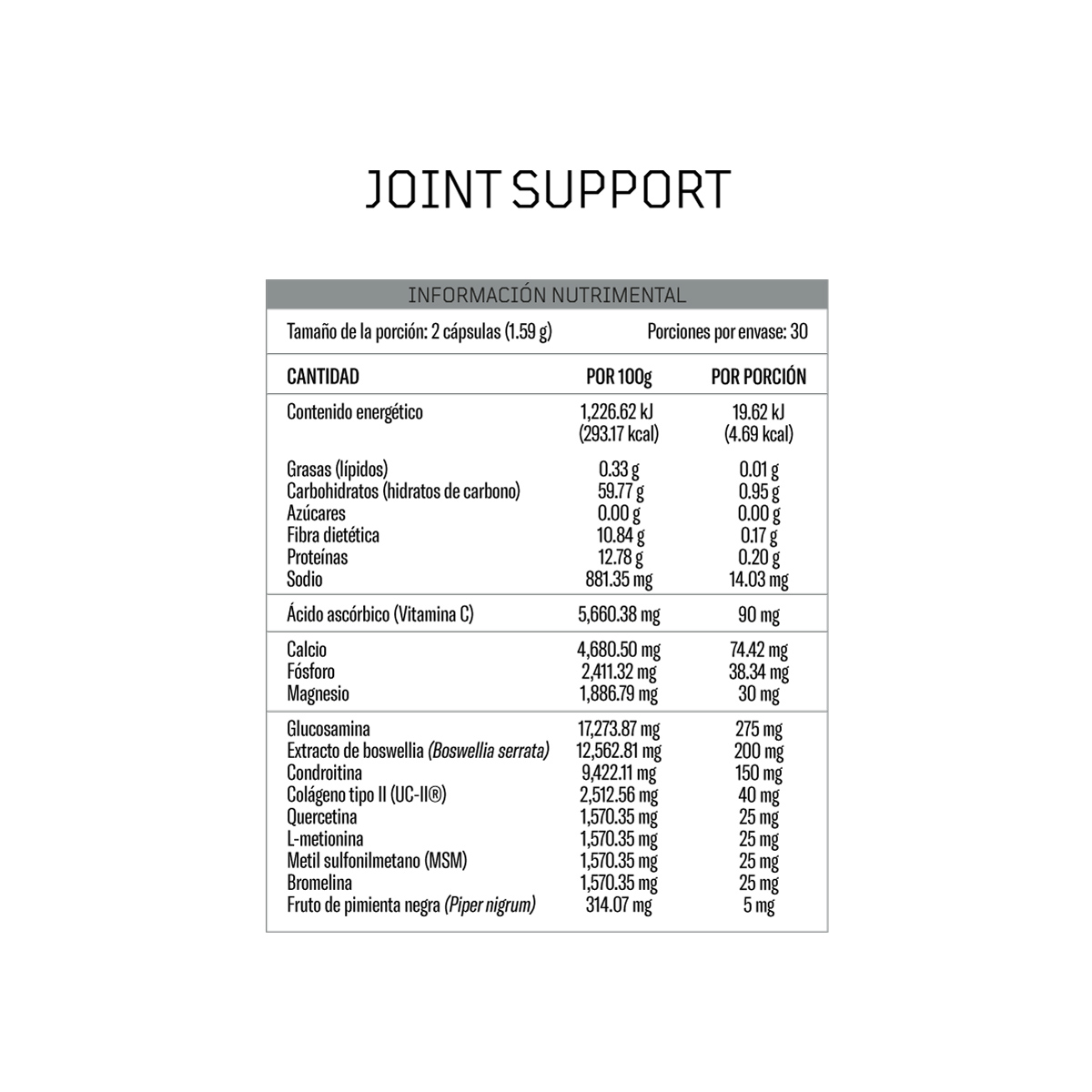 JOINT SUPPORT | 60 cápsulas de 796 mg c/u | Glucosamina y condroitina | Colágeno UC II | Fuente de antioxidantes | Sin aditivos artificiales |