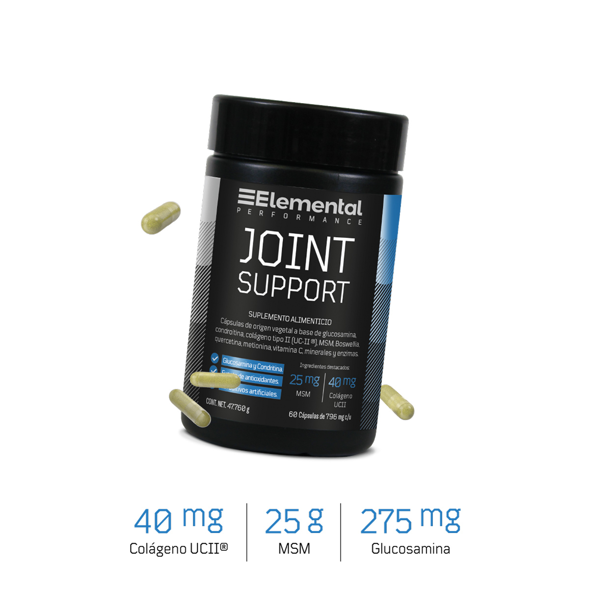 JOINT SUPPORT | 60 cápsulas de 796 mg c/u | Glucosamina y condroitina | Colágeno UC II | Fuente de antioxidantes | Sin aditivos artificiales |