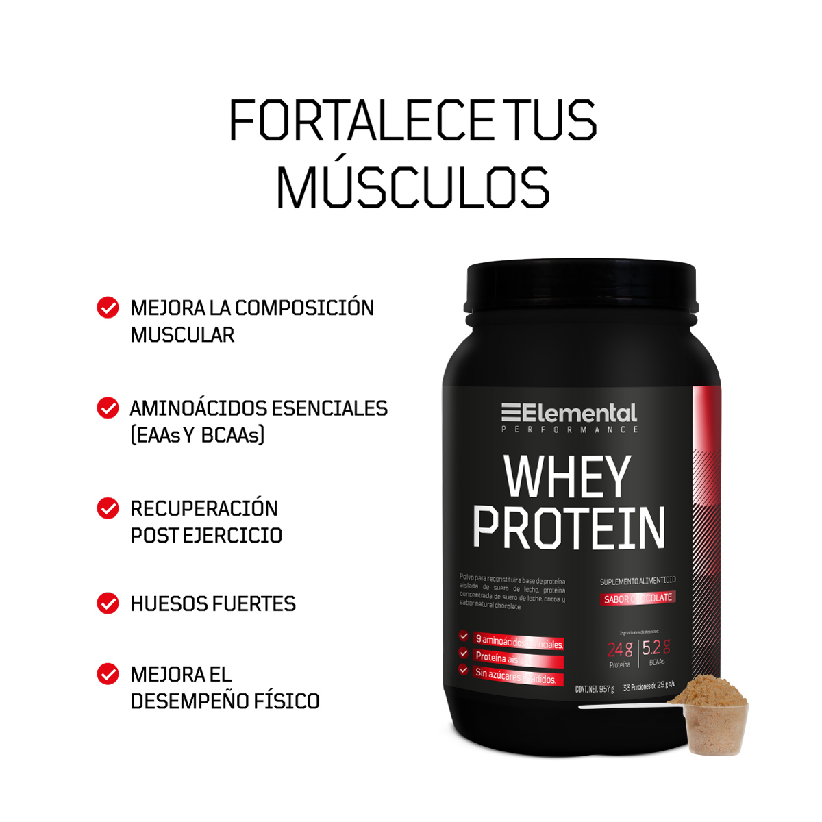 WHEY PROTEIN | Proteína Aislada 33 porciones de 29 g | 957g | 9 aminoácidos esenciales | Proteína en Polvo | Sin azúcares añadidos
