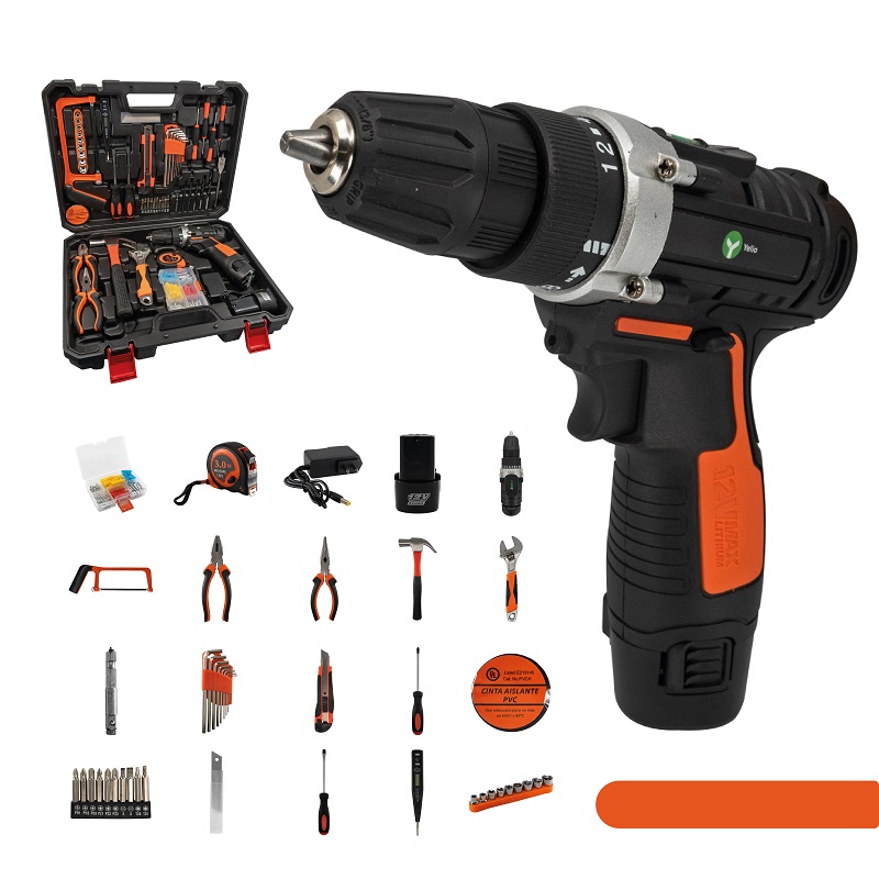 Kit de taladro inalámbrico recargable con caja de herramientas