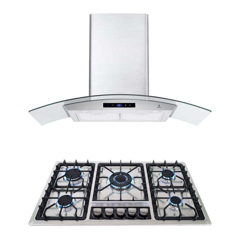 Combo parrilla a gas de 5 quemadores y campana de pared SUPRA ACIREALE campana extractora y parrilla empotrable ambas de acero inoxidable