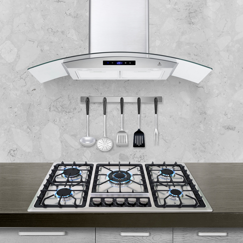 Combo parrilla a gas de 5 quemadores y campana de pared SUPRA ACIREALE campana extractora y parrilla empotrable ambas de acero inoxidable