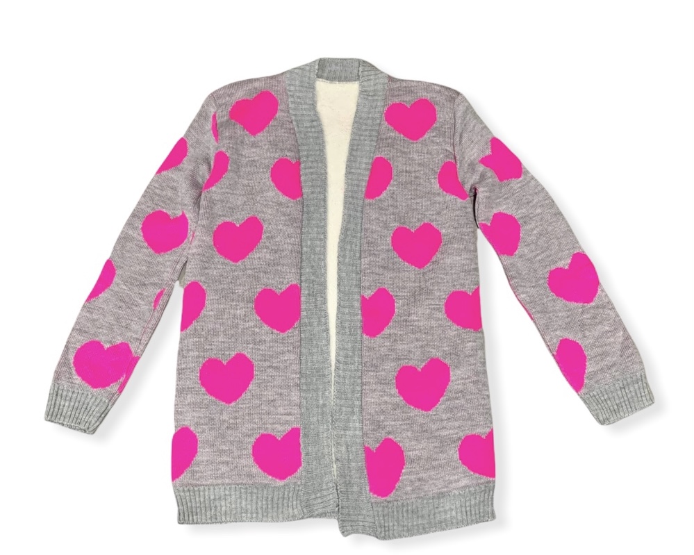 CARDIGAN ENSAMBLE CORTO TIPO SUETER PARA MUJER DISEÑO CORAZONES ABORREGADO POR DENTRO 