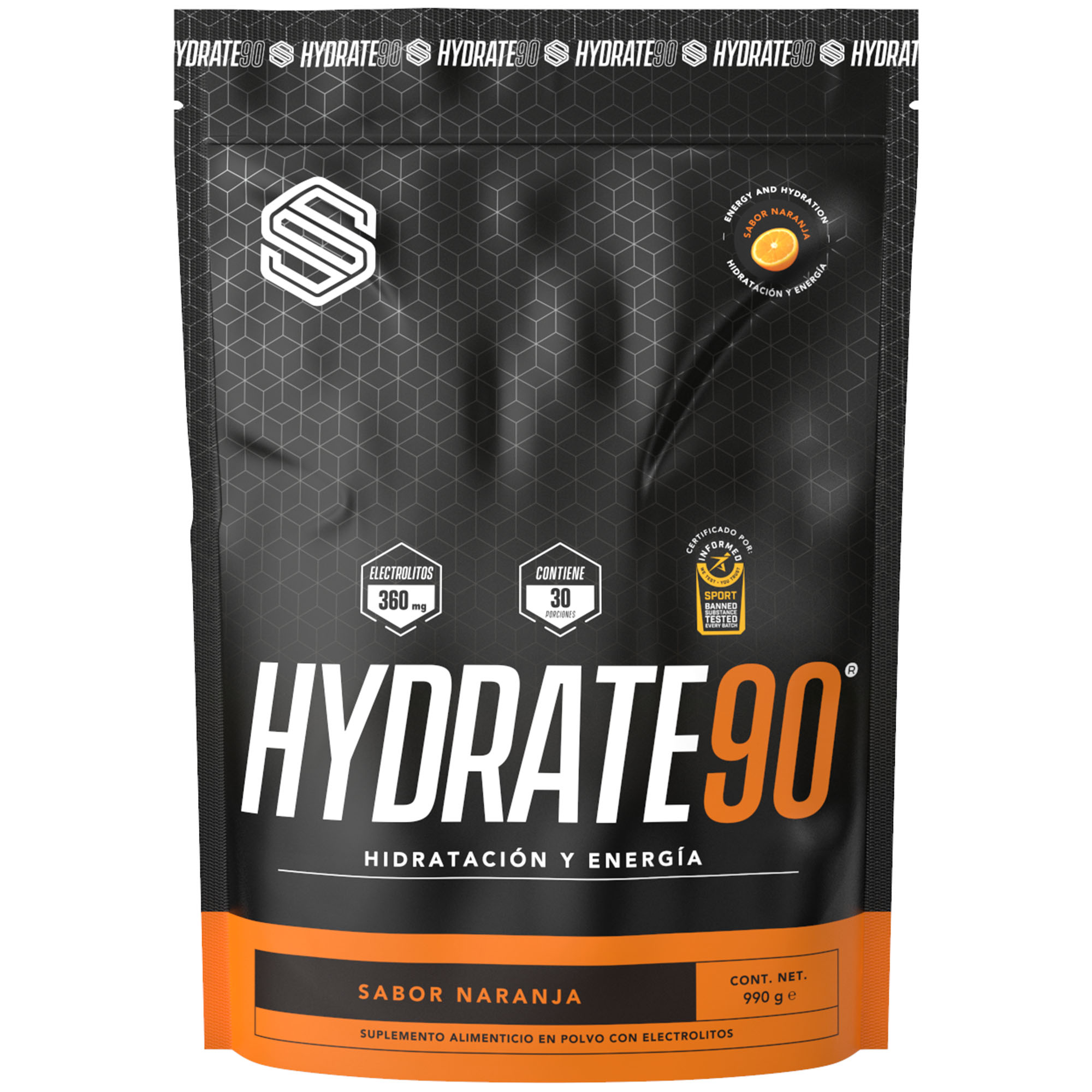 Eléctrolitos y rehidratente Hydrate 90, 30 porciones, Sabor naranja, 990g