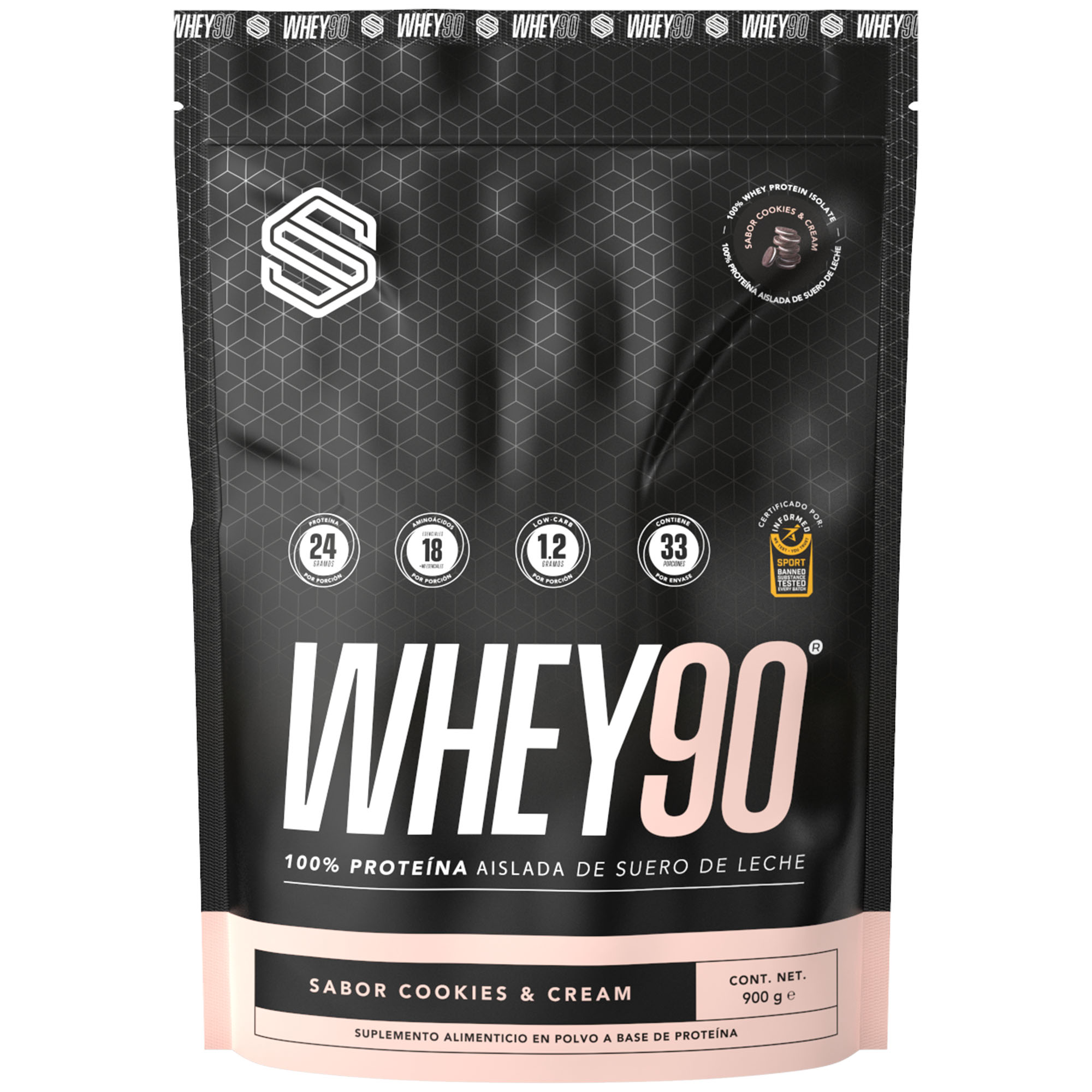 Proteína Whey 90 SS, proteína aislada en polvo, 31 porciones, Sabor cookies and cream, 900g