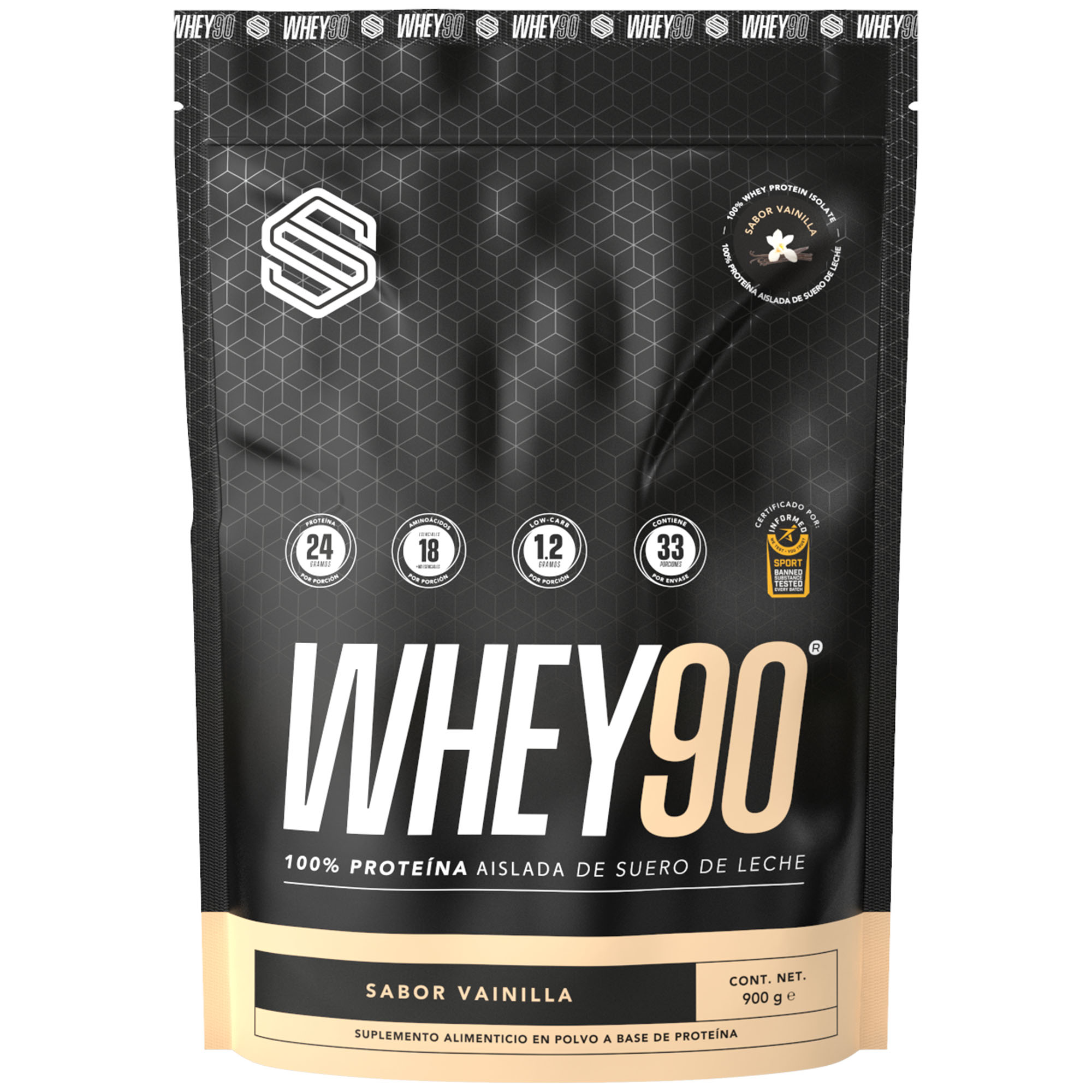 Proteína Whey 90 SS, proteína aislada en polvo, 31 porciones, Sabor vainilla, 900g
