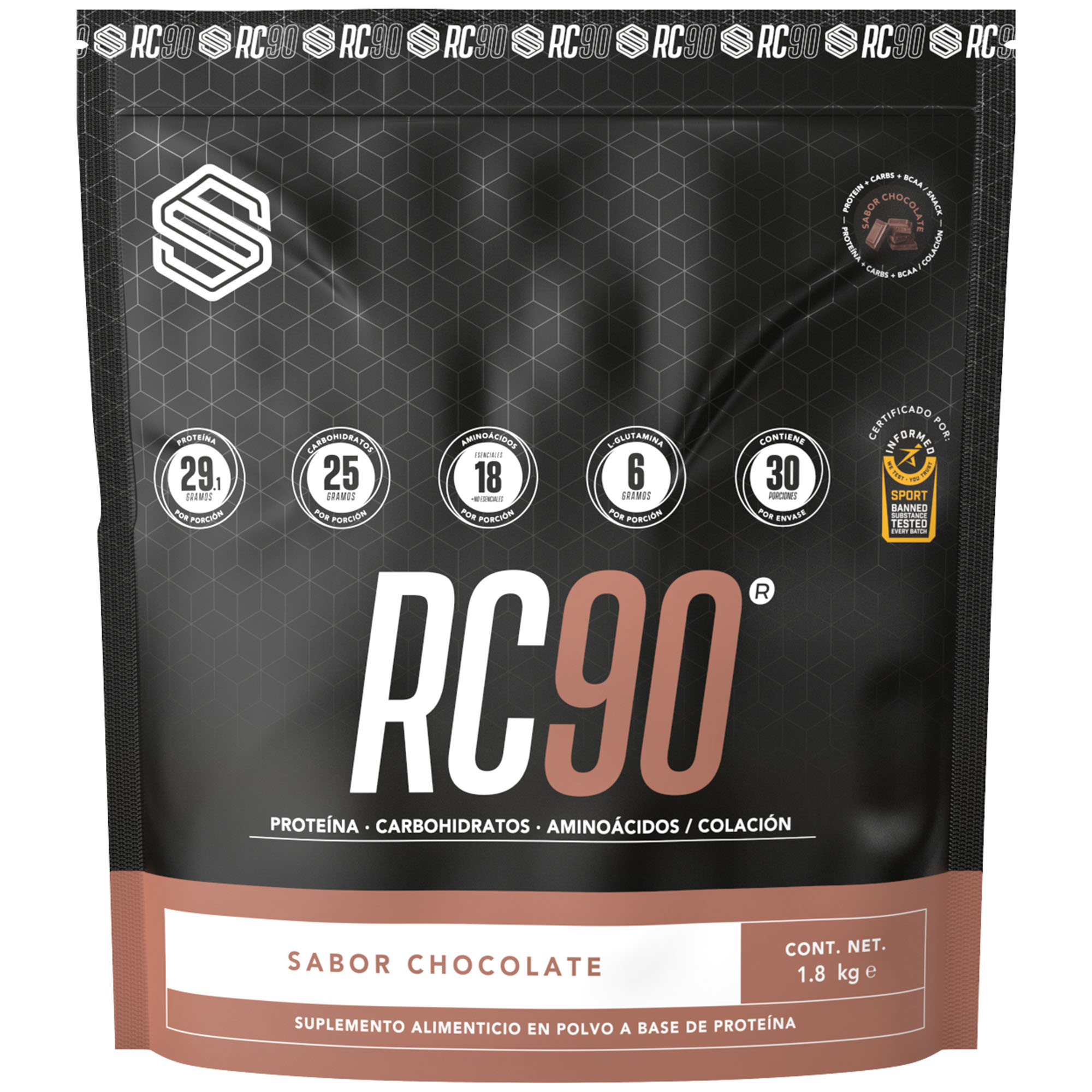 Colación con proteína RC90, con Glutamina y Vitamina C, 30 porciones, Sabor chocolate, 1.8kg