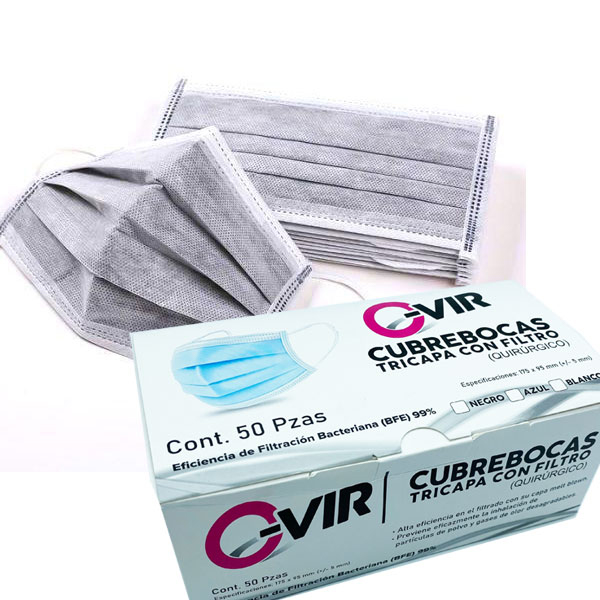 200 Cubrebocas Tricapa Quirúrgico 99% De Filtración Gris