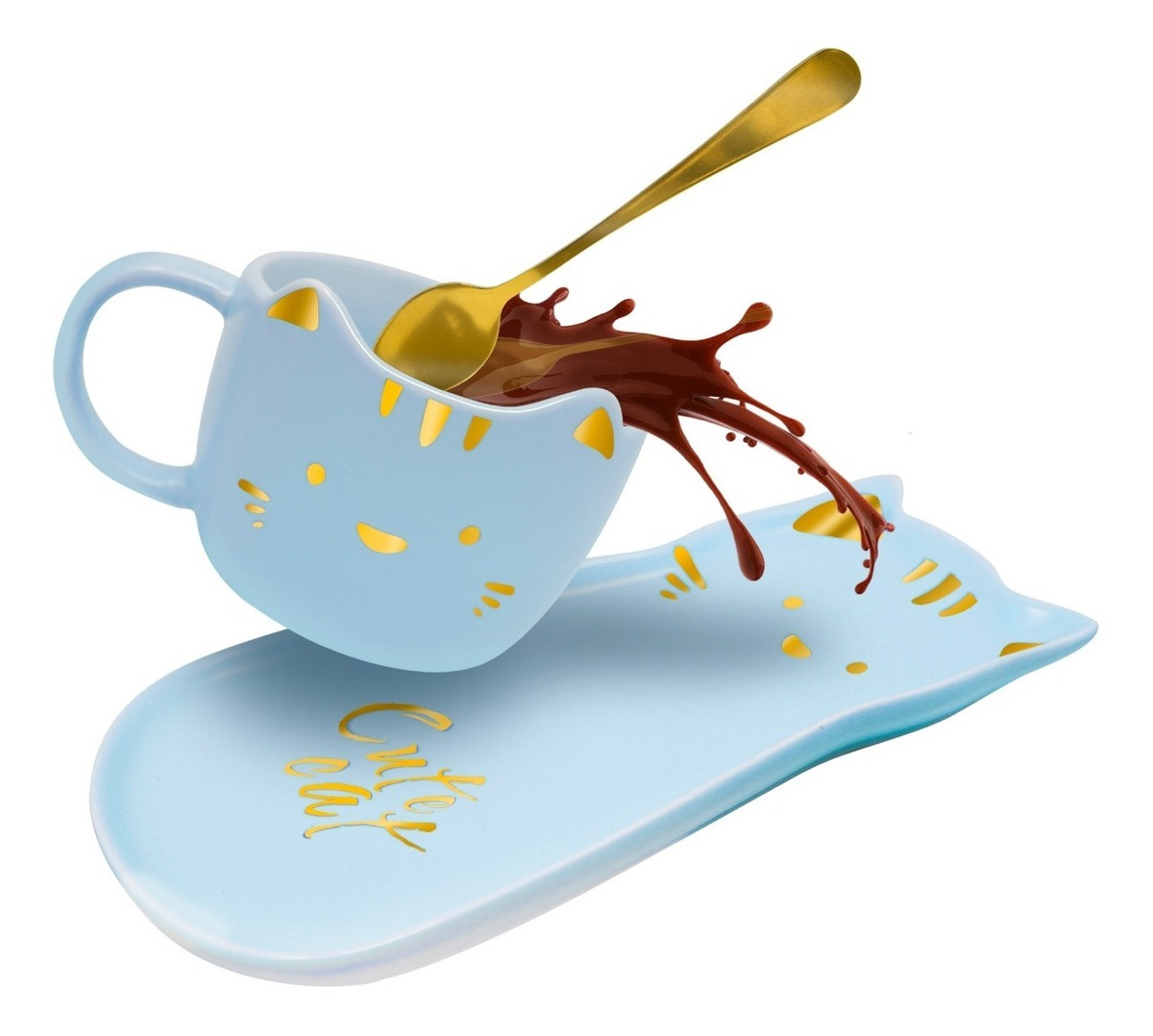 Taza Para Cafe De Ceramica + Plato De Servio Forma Gato