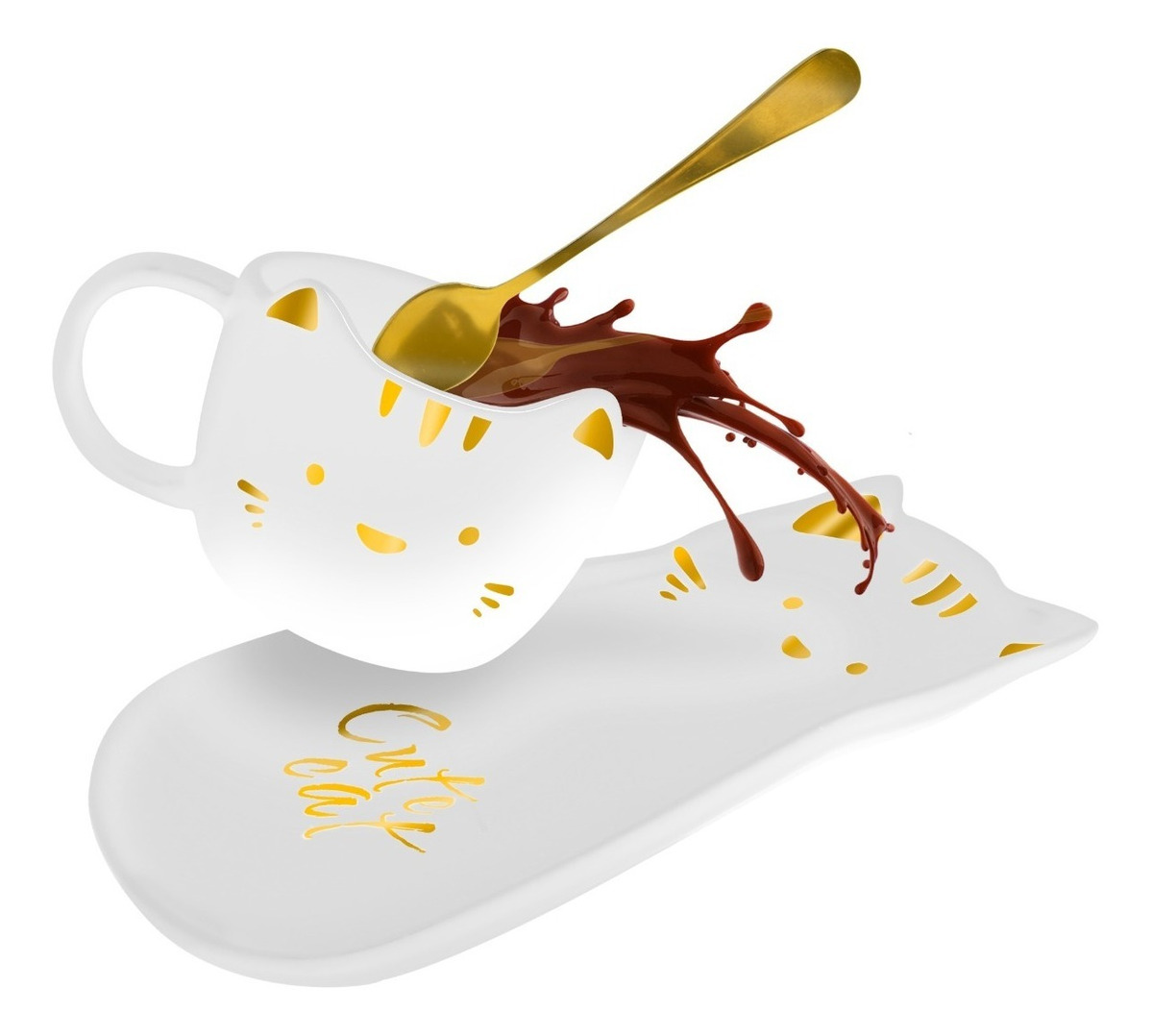 Taza Para Cafe De Ceramica + Plato De Servio Forma Gato