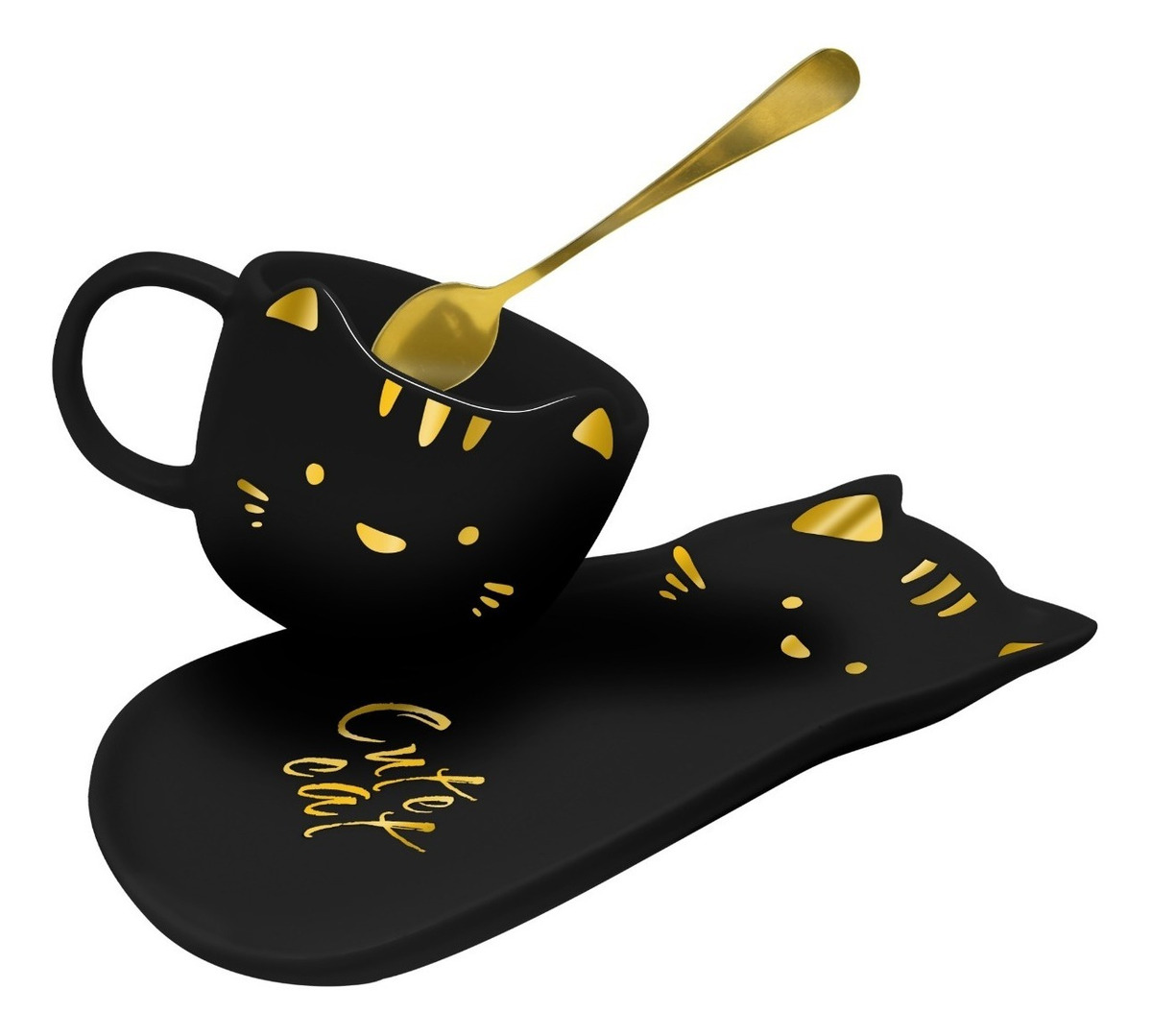 Taza Para Cafe De Ceramica + Plato De Servio Forma Gato