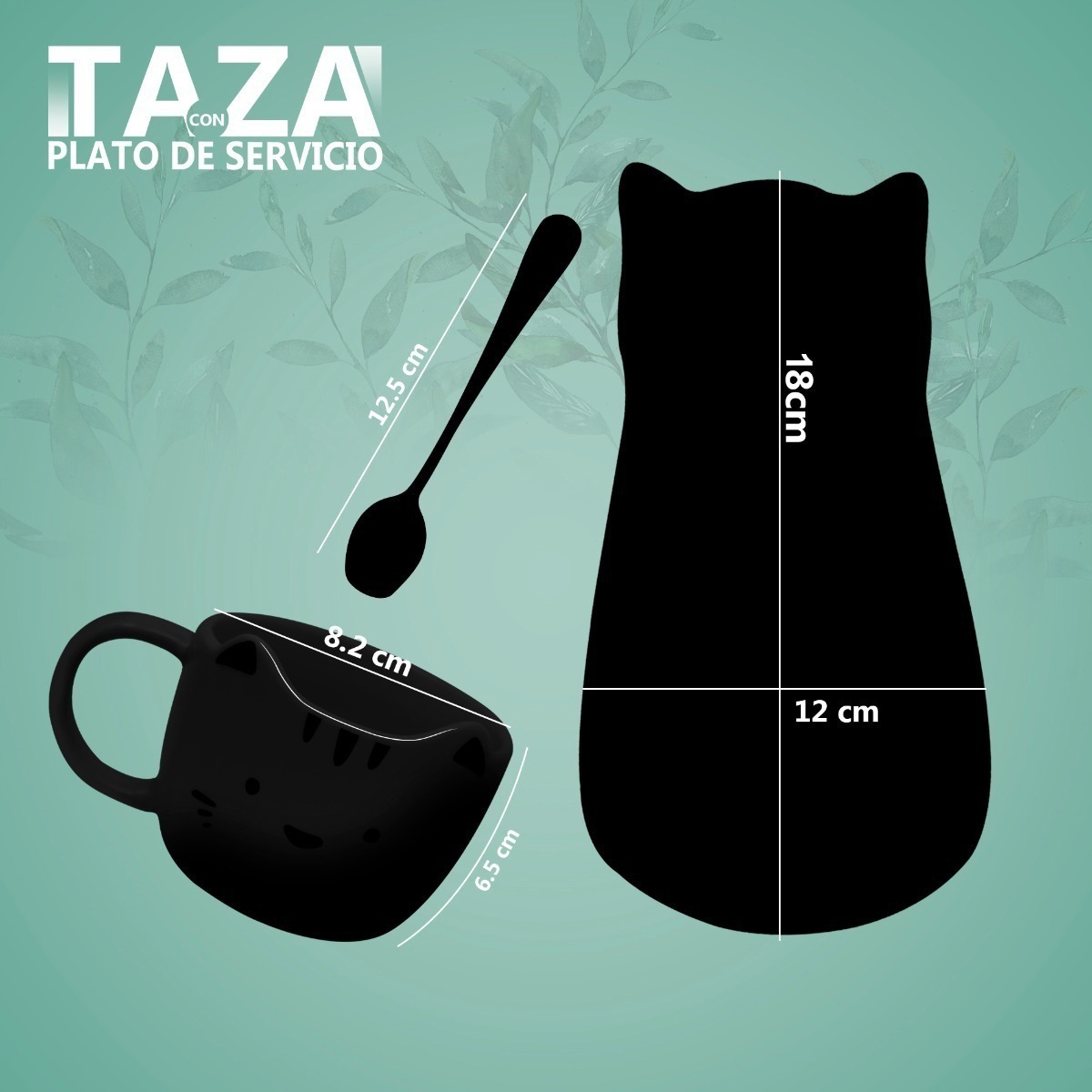 Taza Para Cafe De Ceramica + Plato De Servio Forma Gato