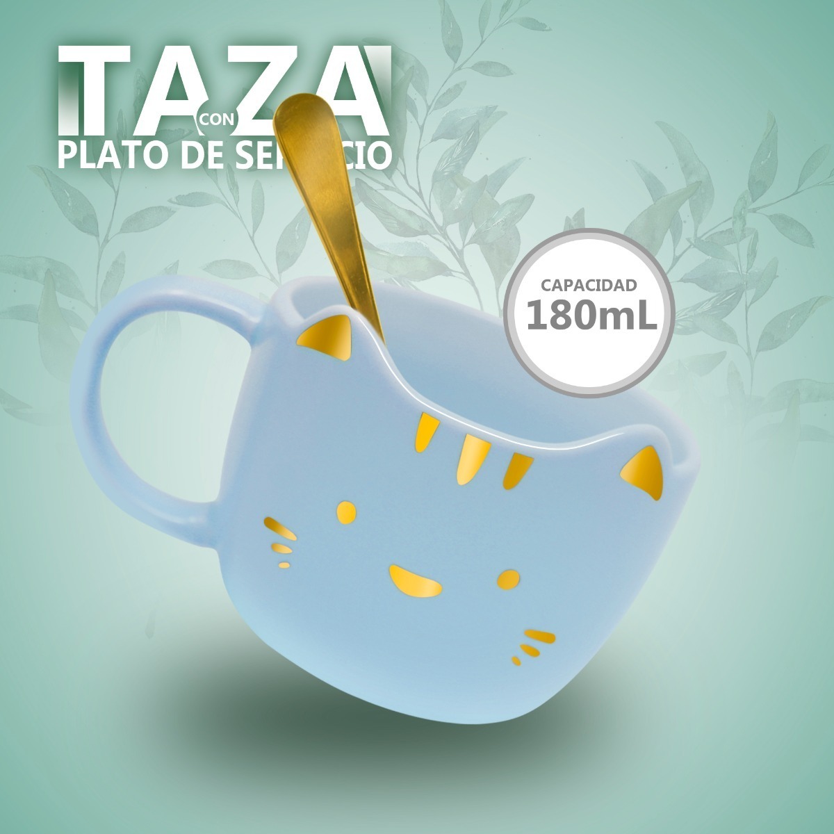 Taza Para Cafe De Ceramica + Plato De Servio Forma Gato