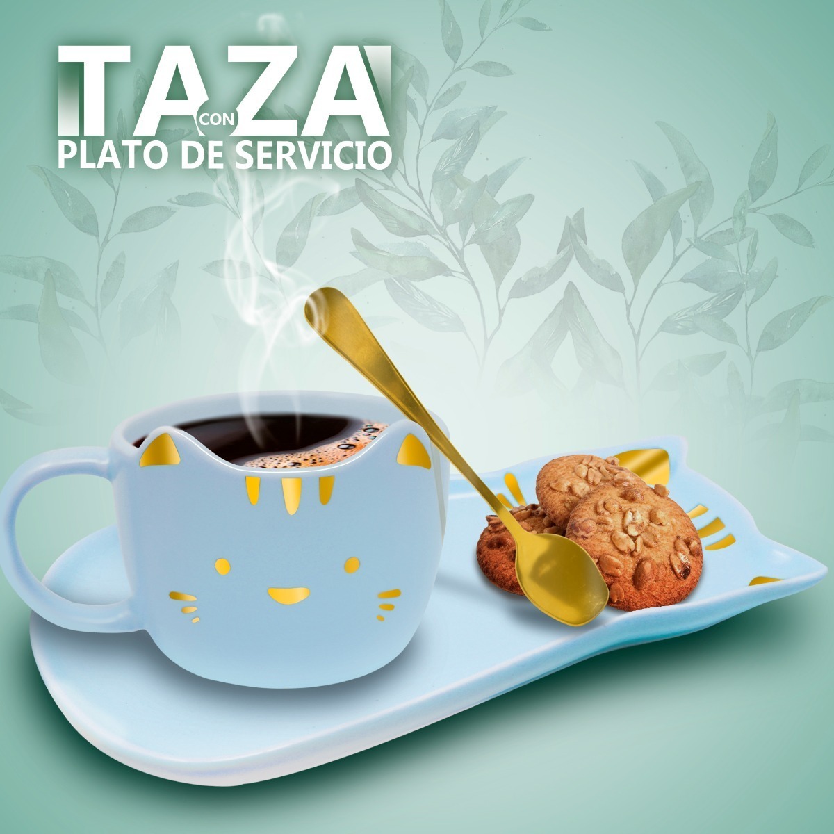 Taza Para Cafe De Ceramica + Plato De Servio Forma Gato
