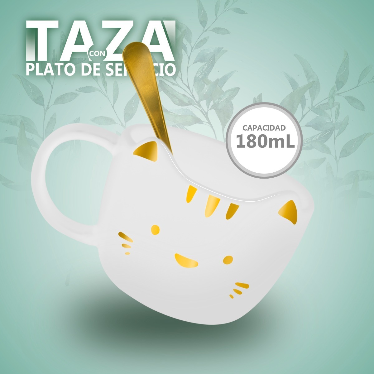Taza Para Cafe De Ceramica + Plato De Servio Forma Gato