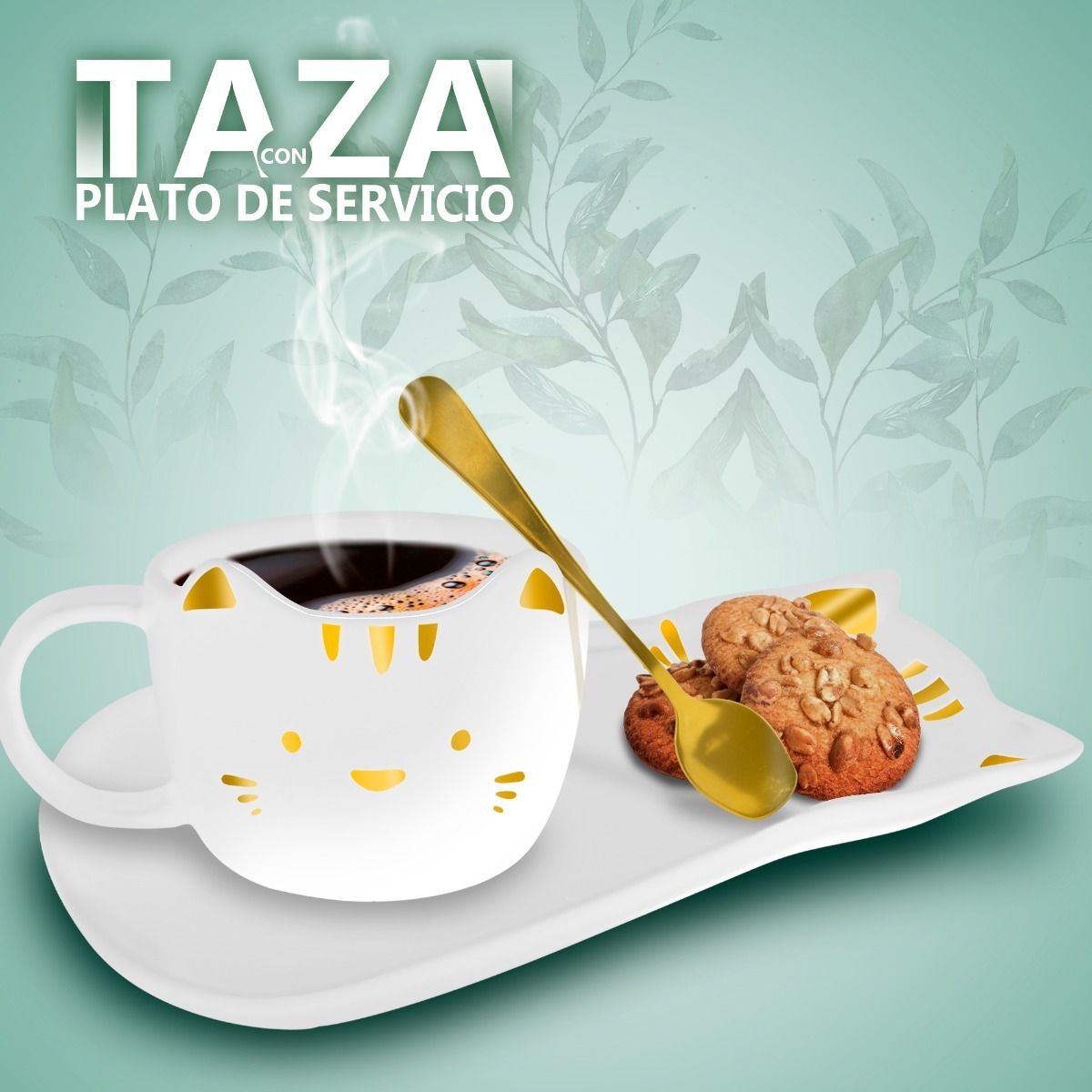 Taza Para Cafe De Ceramica + Plato De Servio Forma Gato