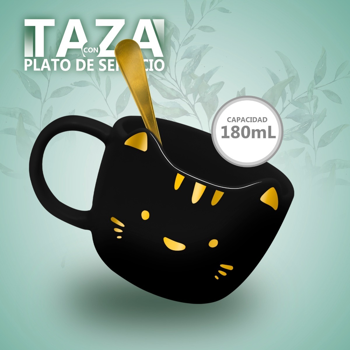 Taza Para Cafe De Ceramica + Plato De Servio Forma Gato