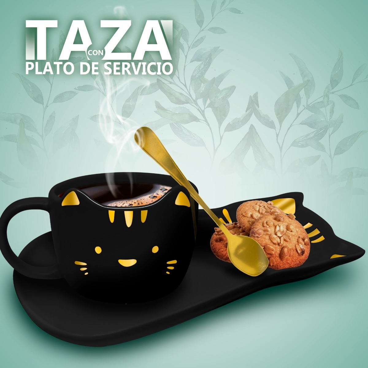 Taza Para Cafe De Ceramica + Plato De Servio Forma Gato